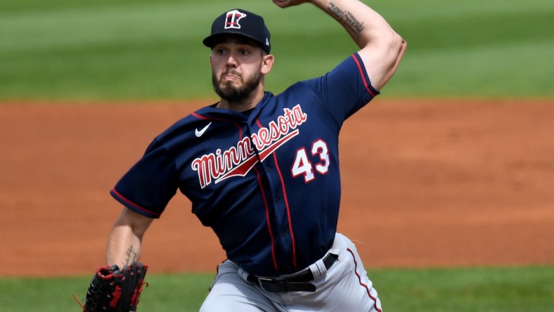 Mar 1, 2021; Port Charlotte, Florida, USA; Minnesota Twins pitcher Lewis Thorpe (43)  throws a pitch in the first inning against the Tampa Bay Rays during spring training at Charlotte Sports Park. Mandatory Credit: Jonathan Dyer-USA TODAY Sports