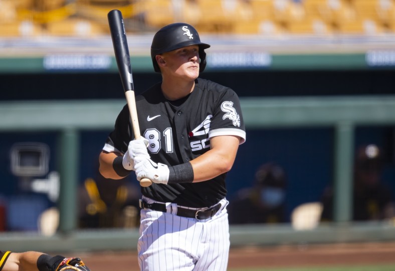 Mar 9, 2021; Glendale, Arizona, USA; Chicago White Sox first baseman Andrew Vaughn against the San Diego Padres during a Spring Training game at Camelback Ranch Glendale. Mandatory Credit: Mark J. Rebilas-USA TODAY Sports