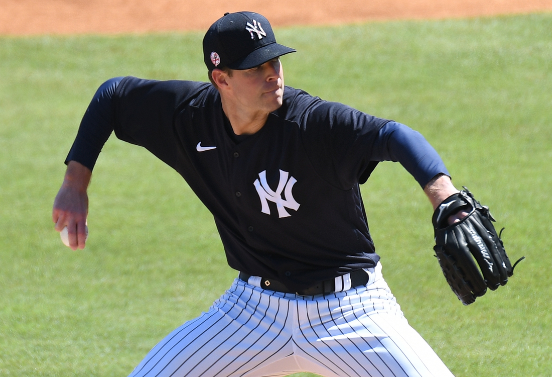 Mar 13, 2021; Tampa, Florida, USA;  New York Yankees pitcher Corey Kluber (28) throws a pitch in the second inning against the Pittsburgh Pirates during spring training at George M. Steinbrenner Field. Mandatory Credit: Jonathan Dyer-USA TODAY Sports