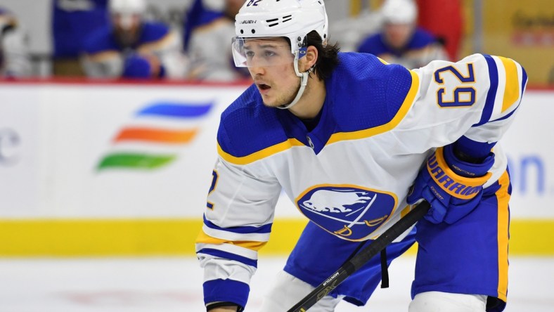 Mar 9, 2021; Philadelphia, Pennsylvania, USA; Buffalo Sabres defenseman Brandon Montour (62) against the Philadelphia Flyers during the second period at Wells Fargo Center. Mandatory Credit: Eric Hartline-USA TODAY Sports