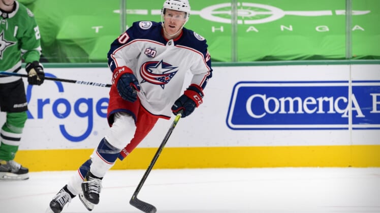 Mar 4, 2021; Dallas, Texas, USA; Columbus Blue Jackets center Riley Nash (20) in action during the game between the Dallas Stars and the Columbus Blue Jackets at the American Airlines Center. Mandatory Credit: Jerome Miron-USA TODAY Sports