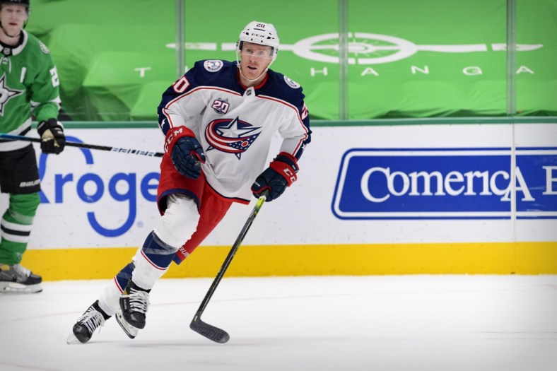 Mar 4, 2021; Dallas, Texas, USA; Columbus Blue Jackets center Riley Nash (20) in action during the game between the Dallas Stars and the Columbus Blue Jackets at the American Airlines Center. Mandatory Credit: Jerome Miron-USA TODAY Sports