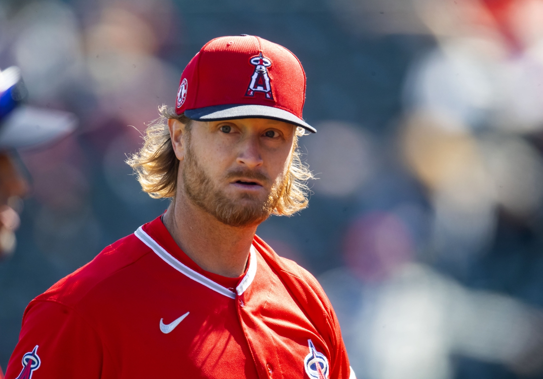 Mar 10, 2021; Goodyear, Arizona, USA; Los Angeles Angels pitcher Alex Cobb against the Cleveland Indians during a Spring Training game at Goodyear Ballpark. Mandatory Credit: Mark J. Rebilas-USA TODAY Sports