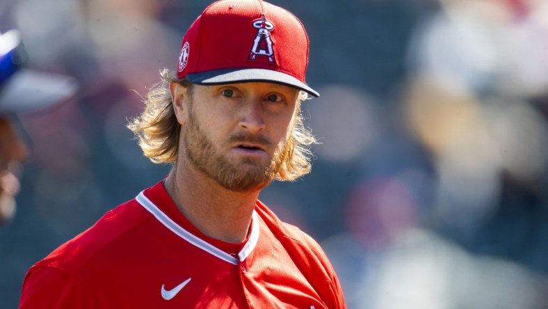 Mar 10, 2021; Goodyear, Arizona, USA; Los Angeles Angels pitcher Alex Cobb against the Cleveland Indians during a Spring Training game at Goodyear Ballpark. Mandatory Credit: Mark J. Rebilas-USA TODAY Sports