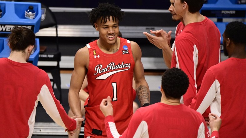 Mar 21, 2021; Indianapolis, Indiana, USA; Texas Tech Red Raiders guard Terrence Shannon Jr. (1) is introduced before the game against the Arkansas Razorbacks in the second round of the 2021 NCAA Tournament at Hinkle Fieldhouse. Mandatory Credit: Marc Lebryk-USA TODAY Sports