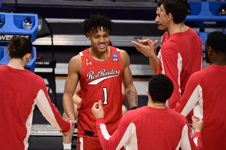Mar 21, 2021; Indianapolis, Indiana, USA; Texas Tech Red Raiders guard Terrence Shannon Jr. (1) is introduced before the game against the Arkansas Razorbacks in the second round of the 2021 NCAA Tournament at Hinkle Fieldhouse. Mandatory Credit: Marc Lebryk-USA TODAY Sports