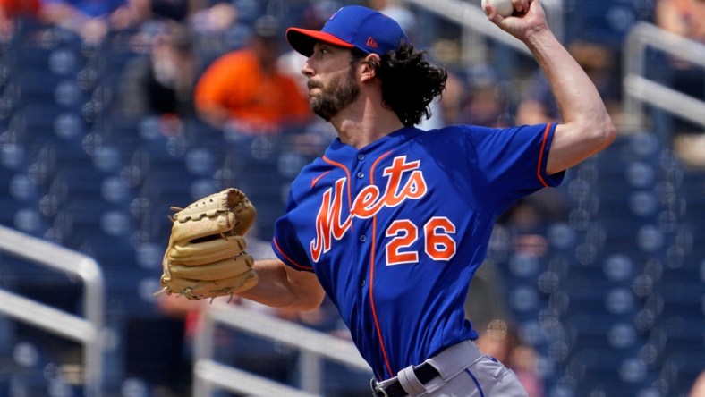 Mar 22, 2021; West Palm Beach, Florida, USA; New York Mets relief pitcher Jerry Blevins (26) delivers a pitch in the 3rd inning of the spring training game against the Houston Astros at The Ballpark of the Palm Beaches. Mandatory Credit: Jasen Vinlove-USA TODAY Sports