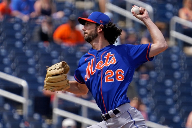 Mar 22, 2021; West Palm Beach, Florida, USA; New York Mets relief pitcher Jerry Blevins (26) delivers a pitch in the 3rd inning of the spring training game against the Houston Astros at The Ballpark of the Palm Beaches. Mandatory Credit: Jasen Vinlove-USA TODAY Sports