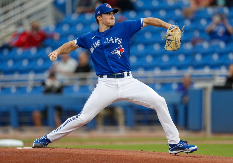 Mar 22, 2021; Dunedin, Florida, USA;  Toronto Blue Jays starting pitcher Ross Stripling (48) pitches in the first inning against the Detroit Tigers during spring training at TD Ballpark. Mandatory Credit: Nathan Ray Seebeck-USA TODAY Sports
