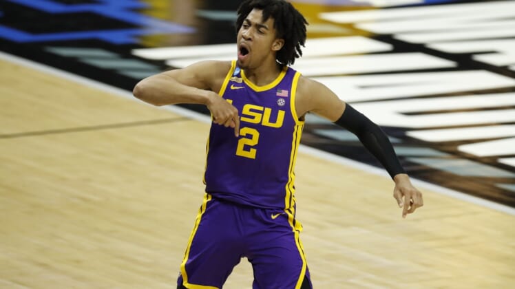 Mar 22, 2021; Indianapolis, Indiana, USA; Louisiana State Tigers forward Trendon Watford (2) celebrates during the first half in the second round of the 2021 NCAA Tournament against the Michigan Wolverines at Lucas Oil Stadium. Mandatory Credit: Joshua Bickel-USA TODAY Sports