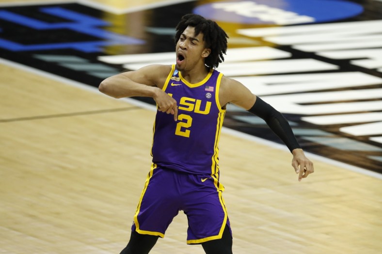 Mar 22, 2021; Indianapolis, Indiana, USA; Louisiana State Tigers forward Trendon Watford (2) celebrates during the first half in the second round of the 2021 NCAA Tournament against the Michigan Wolverines at Lucas Oil Stadium. Mandatory Credit: Joshua Bickel-USA TODAY Sports