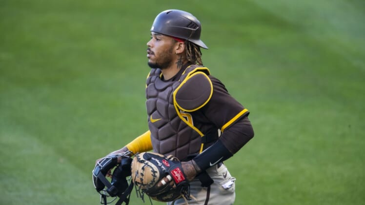 Mar 17, 2021; Mesa, Arizona, USA; San Diego Padres catcher Luis Campusano against the Chicago Cubs during a Spring Training game at Sloan Park. Mandatory Credit: Mark J. Rebilas-USA TODAY Sports