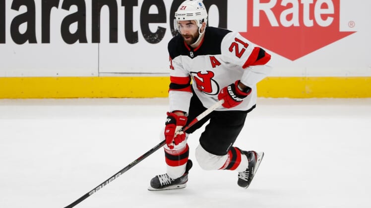 Mar 7, 2021; Boston, Massachusetts, USA; New Jersey Devils right wing Kyle Palmieri (21) during the first period against the Boston Bruins at TD Garden. Mandatory Credit: Winslow Townson-USA TODAY Sports