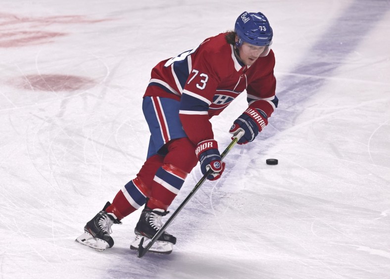Mar 19, 2021; Montreal, Quebec, CAN; Montreal Canadiens right wing Tyler Toffoli (73) during the warm-up session before the game against Vancouver Canucks at Bell Centre. Mandatory Credit: Jean-Yves Ahern-USA TODAY Sports