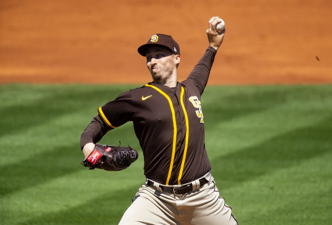 Mar 27, 2021; Tempe, Arizona, USA; San Diego Padres pitcher Blake Snell against the Los Angeles Angels during a Spring Training game at Tempe Diablo Stadium. Mandatory Credit: Mark J. Rebilas-USA TODAY Sports