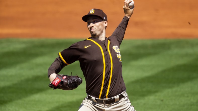 Mar 27, 2021; Tempe, Arizona, USA; San Diego Padres pitcher Blake Snell against the Los Angeles Angels during a Spring Training game at Tempe Diablo Stadium. Mandatory Credit: Mark J. Rebilas-USA TODAY Sports