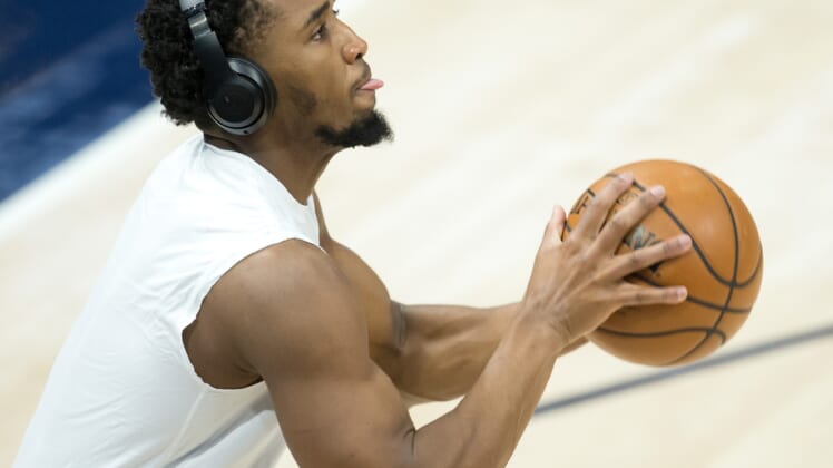 Mar 27, 2021; Salt Lake City, Utah, USA; Utah Jazz guard Donovan Mitchell (45) warms up prior to a game against the Memphis Grizzlies at Vivint Smart Home Arena. Mandatory Credit: Russell Isabella-USA TODAY Sports