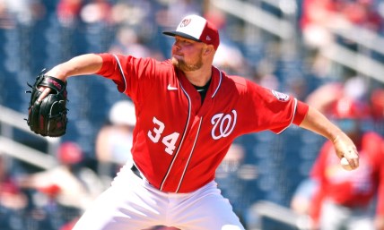 Mar 28, 2021; West Palm Beach, Florida, USA; Washington Nationals starting pitcher Jon Lester (34) pitches against the St. Louis Cardinals during the third inning of a spring training game at Ballpark of the Palm Beaches. Mandatory Credit: Jim Rassol-USA TODAY Sports