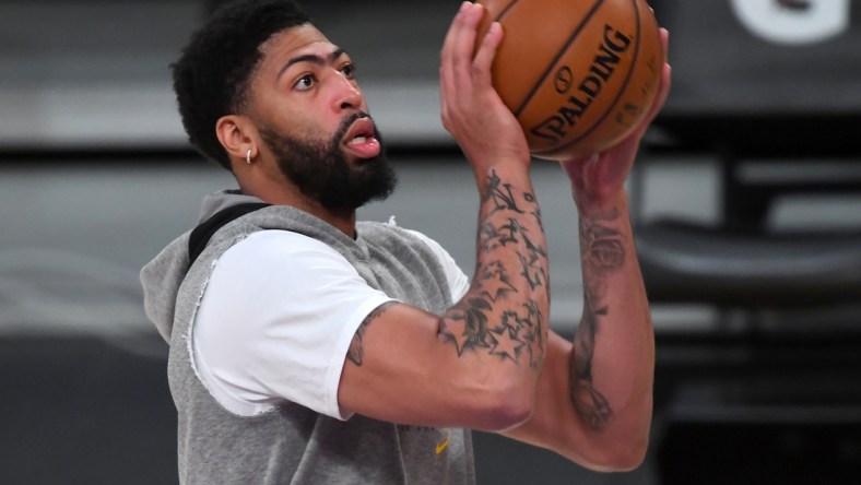 Mar 28, 2021; Los Angeles, California, USA; Los Angeles Lakers forward Anthony Davis (3) shoots baskets before the game against the Orlando Magic at Staples Center. Mandatory Credit: Jayne Kamin-Oncea-USA TODAY Sports