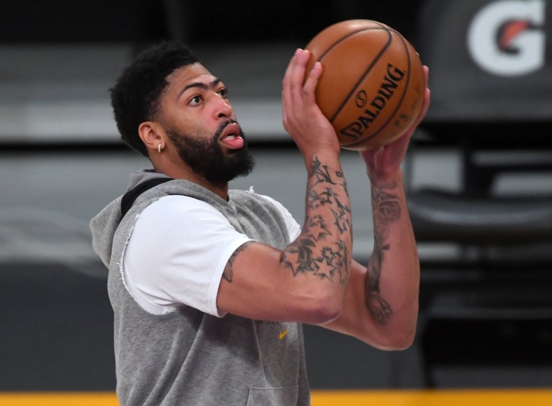 Mar 28, 2021; Los Angeles, California, USA; Los Angeles Lakers forward Anthony Davis (3) shoots baskets before the game against the Orlando Magic at Staples Center. Mandatory Credit: Jayne Kamin-Oncea-USA TODAY Sports