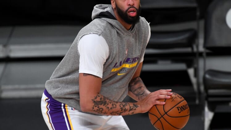 Mar 28, 2021; Los Angeles, California, USA; Los Angeles Lakers forward Anthony Davis (3) shoots baskets before the game against the Orlando Magic at Staples Center. Mandatory Credit: Jayne Kamin-Oncea-USA TODAY Sports
