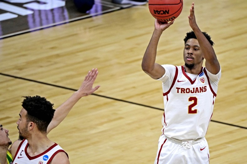 Mar 28, 2021; Indianapolis, Indiana, USA; USC Trojans guard Tahj Eaddy (2) shoots the ball during the second half against the Oregon Ducks in the Sweet Sixteen of the 2021 NCAA Tournament at Bankers Life Fieldhouse. Mandatory Credit: Marc Lebryk-USA TODAY Sports