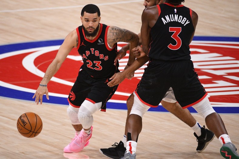 Mar 29, 2021; Detroit, Michigan, USA; Toronto Raptors guard Fred VanVleet (23) drives to the basket as forward OG Anunoby (3) sets a pick during the fourth quarter against the Detroit Pistons at Little Caesars Arena. Mandatory Credit: Tim Fuller-USA TODAY Sports