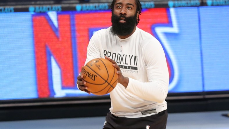 Mar 31, 2021; Brooklyn, New York, USA; Brooklyn Nets shooting guard James Harden (13) warms up before the game against the Houston Rockets at Barclays Center. Mandatory Credit: Brad Penner-USA TODAY Sports