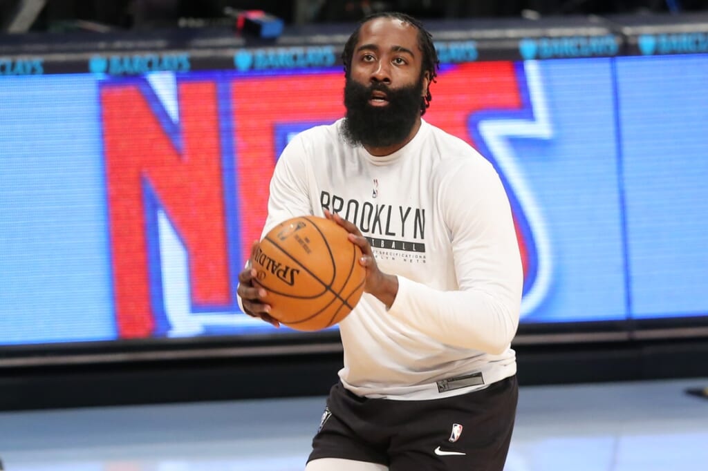 Mar 31, 2021; Brooklyn, New York, USA; Brooklyn Nets shooting guard James Harden (13) warms up before the game against the Houston Rockets at Barclays Center. Mandatory Credit: Brad Penner-USA TODAY Sports