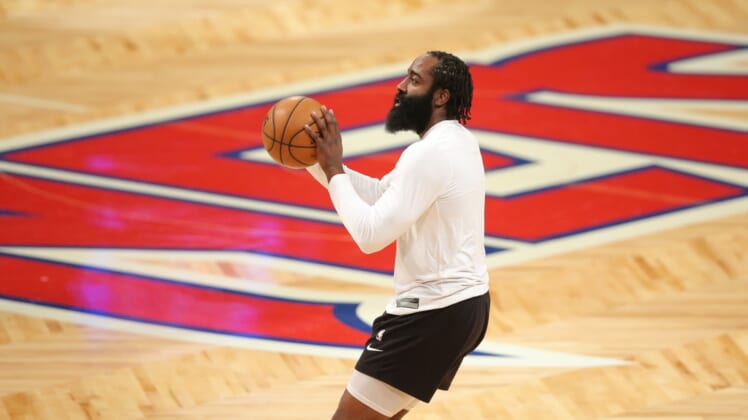 Mar 31, 2021; Brooklyn, New York, USA; Brooklyn Nets shooting guard James Harden (13) warms up before the game against the Houston Rockets at Barclays Center. Mandatory Credit: Brad Penner-USA TODAY Sports