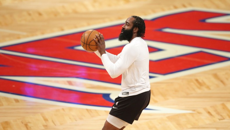 Mar 31, 2021; Brooklyn, New York, USA; Brooklyn Nets shooting guard James Harden (13) warms up before the game against the Houston Rockets at Barclays Center. Mandatory Credit: Brad Penner-USA TODAY Sports