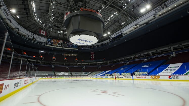 Mar 31, 2021; Vancouver, British Columbia, CAN; A general view of an empty Rogers Arena after the game between the Calgary Flames and Vancouver Canucks scheduled for Wednesday was postponed due to COVID-19. Mandatory Credit: Bob Frid-USA TODAY Sports
