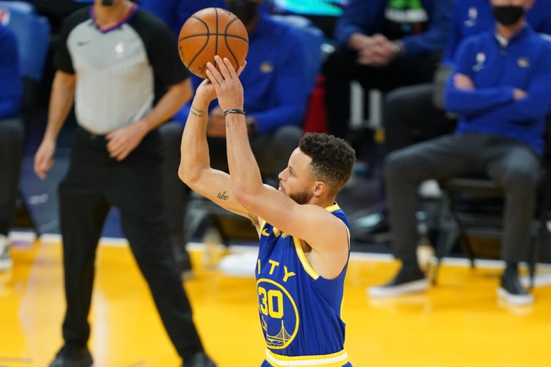 March 15, 2021; San Francisco, California, USA; Golden State Warriors guard Stephen Curry (30) during the second quarter against the Los Angeles Lakers at Chase Center. Mandatory Credit: Kyle Terada-USA TODAY Sports