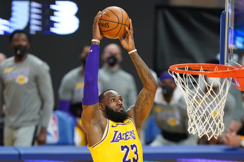 March 15, 2021; San Francisco, California, USA; Los Angeles Lakers forward LeBron James (23) during the second quarter against the Golden State Warriors at Chase Center. Mandatory Credit: Kyle Terada-USA TODAY Sports