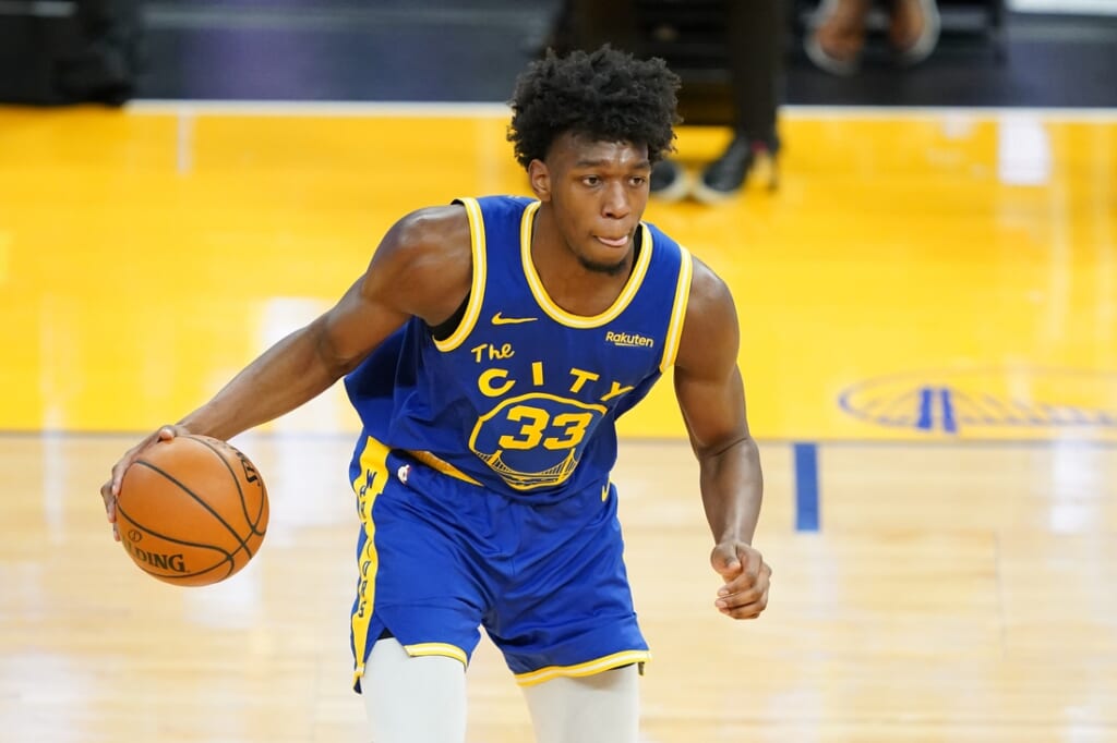 March 15, 2021; San Francisco, California, USA; Golden State Warriors center James Wiseman (33) during the fourth quarter against the Los Angeles Lakers at Chase Center. Mandatory Credit: Kyle Terada-USA TODAY Sports