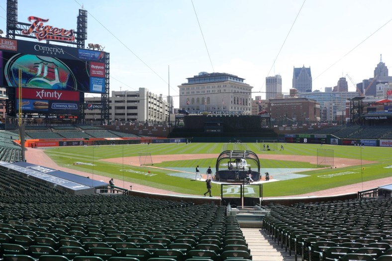 The Tigers take the field during practice on Wednesday, March 31, 2021, at Comerica Park, a day before Opening Day against the Cleveland Indians.

Comerica Park overview, general view of Comerica Park