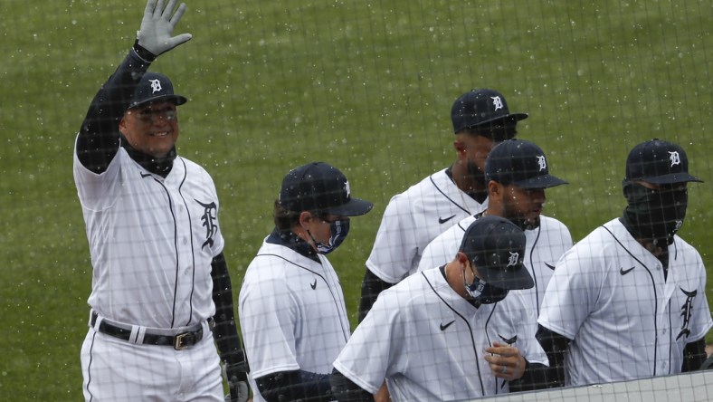 Apr 1, 2021; Detroit, Michigan, USA; Detroit Tigers first baseman Miguel Cabrera (24) waves to the crowd before the game against the Cleveland Indians on Opening Day at Comerica Park. Mandatory Credit: Raj Mehta-USA TODAY Sports