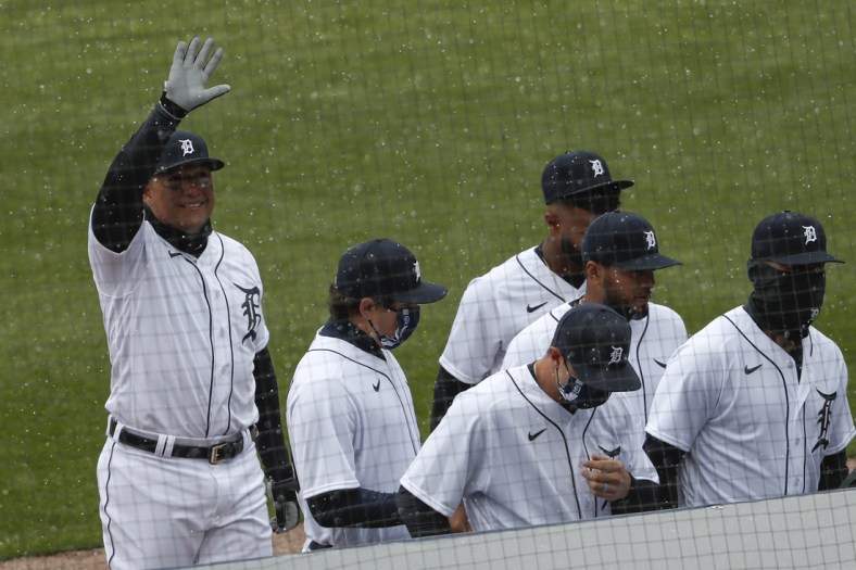 Apr 1, 2021; Detroit, Michigan, USA; Detroit Tigers first baseman Miguel Cabrera (24) waves to the crowd before the game against the Cleveland Indians on Opening Day at Comerica Park. Mandatory Credit: Raj Mehta-USA TODAY Sports