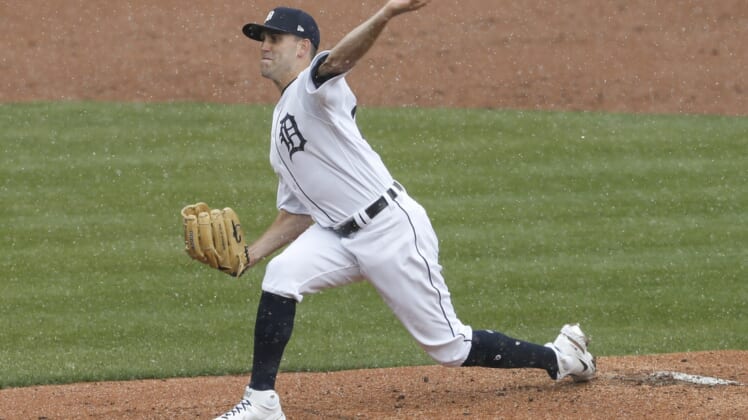 Apr 1, 2021; Detroit, Michigan, USA; Detroit Tigers starting pitcher Matthew Boyd (48) pitches during the second inning against the Cleveland Indians on Opening Day at Comerica Park. Mandatory Credit: Raj Mehta-USA TODAY Sports