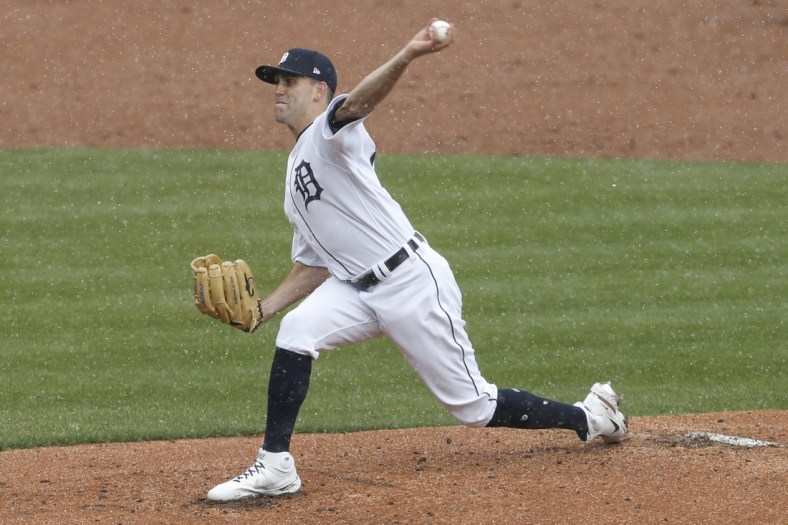Apr 1, 2021; Detroit, Michigan, USA; Detroit Tigers starting pitcher Matthew Boyd (48) pitches during the second inning against the Cleveland Indians on Opening Day at Comerica Park. Mandatory Credit: Raj Mehta-USA TODAY Sports