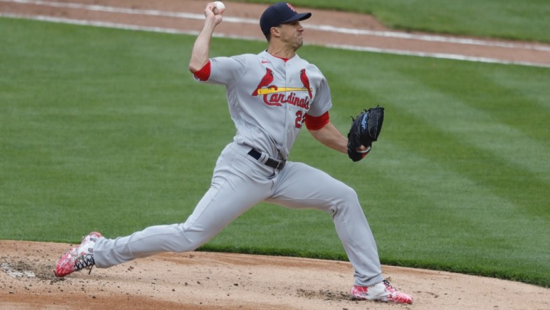 Apr 1, 2021; Cincinnati, Ohio, USA; St. Louis Cardinals starting pitcher Jack Flaherty (22) throws against the Cincinnati Reds during the first inning at Great American Ball Park. Mandatory Credit: David Kohl-USA TODAY Sports