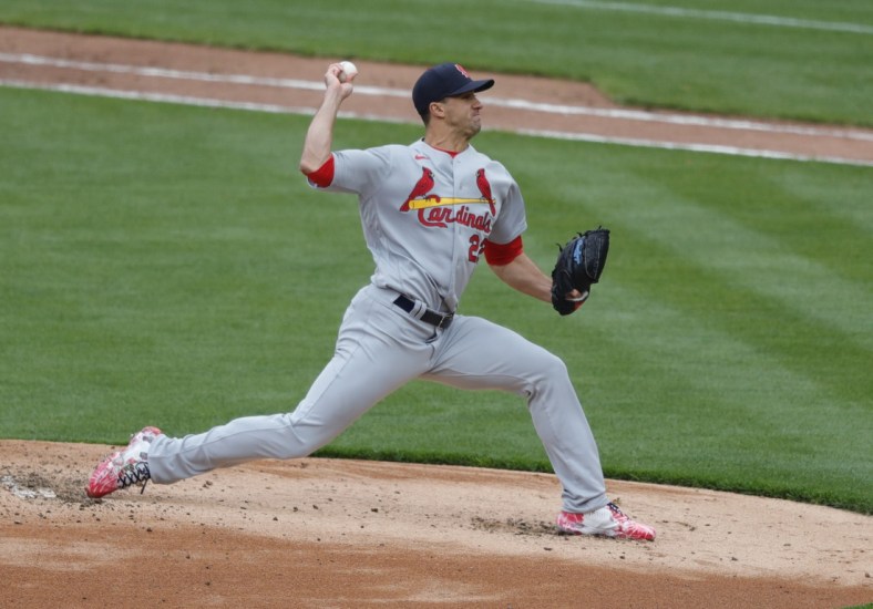Apr 1, 2021; Cincinnati, Ohio, USA; St. Louis Cardinals starting pitcher Jack Flaherty (22) throws against the Cincinnati Reds during the first inning at Great American Ball Park. Mandatory Credit: David Kohl-USA TODAY Sports