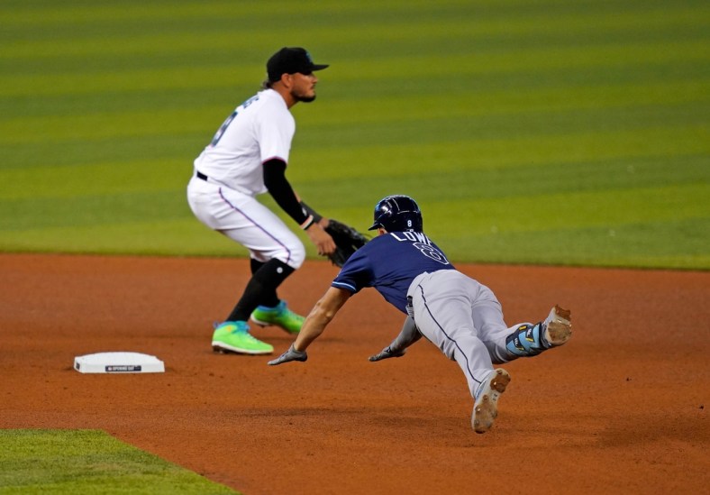 Apr 1, 2021; Miami, Florida, USA; Tampa Bay Rays second baseman Brandon Lowe (8) dives into second base for a double in the 4th inning against the Miami Marlins at loanDepot park. Mandatory Credit: Jasen Vinlove-USA TODAY Sports