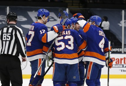 Apr 1, 2021; Uniondale, New York, USA; New York Islanders center Casey Cizikas (53) is congratulated after scoring a goal against the Washington Capitals during the second period at Nassau Veterans Memorial Coliseum. Mandatory Credit: Andy Marlin-USA TODAY Sports