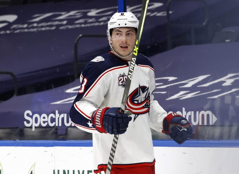 Apr 1, 2021; Tampa, Florida, USA;Columbus Blue Jackets defenseman Zach Werenski (8) celebrates as he makes a goal against the Tampa Bay Lightning during the second period at Amalie Arena. Mandatory Credit: Kim Klement-USA TODAY Sports