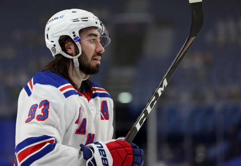 Apr 1, 2021; Buffalo, New York, USA;  New York Rangers center Mika Zibanejad (93) during a stoppage in play against the Buffalo Sabres during the third period at KeyBank Center. Mandatory Credit: Timothy T. Ludwig-USA TODAY Sports