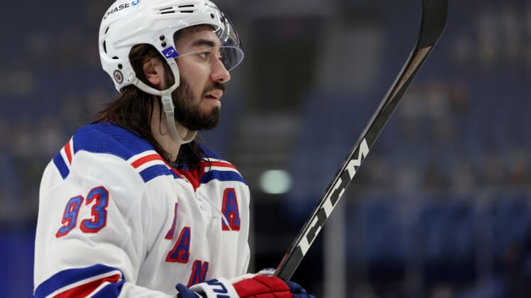 Apr 1, 2021; Buffalo, New York, USA;  New York Rangers center Mika Zibanejad (93) during a stoppage in play against the Buffalo Sabres during the third period at KeyBank Center. Mandatory Credit: Timothy T. Ludwig-USA TODAY Sports