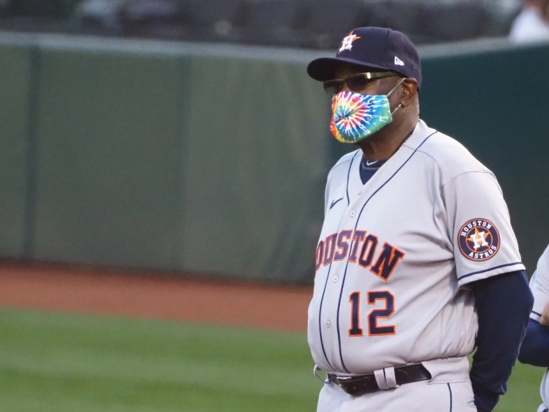Apr 1, 2021; Oakland, California, USA; Houston Astros manager Dusty Baker Jr (12) before the game against the Oakland Athletics at RingCentral Coliseum. Mandatory Credit: Kelley L Cox-USA TODAY Sports