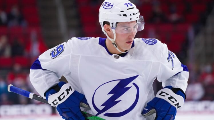 Mar 27, 2021; Raleigh, North Carolina, USA;  Tampa Bay Lightning left wing Ross Colton (79) looks on against the Carolina Hurricanes at PNC Arena. Mandatory Credit: James Guillory-USA TODAY Sports