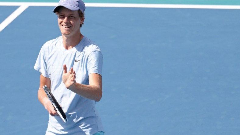 Apr 2, 2021; Miami, Florida, USA; Jannik Sinner of Italy waves to the crowd after his match against Roberto Bautista Agut of Spain (not pictured) in a men's singles semifinal in the Miami Open at Hard Rock Stadium. Mandatory Credit: Geoff Burke-USA TODAY Sports